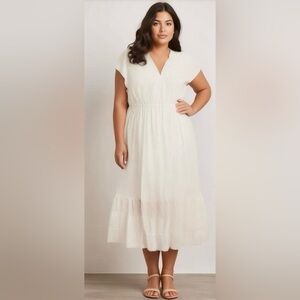 Off White Eyelet Maxi Tiered Short Sleeve Flowy Boho V-Neck Dress Size XL